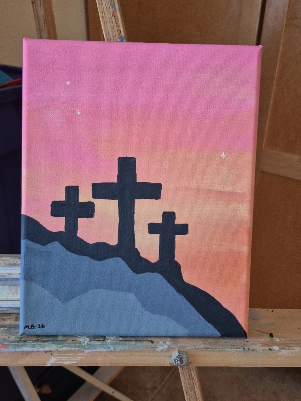 Sunset Three Crosses Canvas Wall Art - Pink and Gray